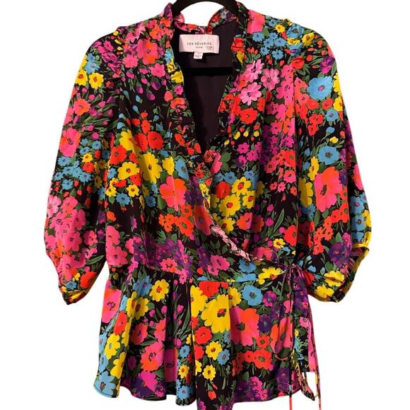 Les Rêveries Puff Sleeve 100% silk bright floral Wrap Top made in USA - Picture 1 of 8